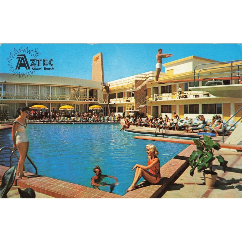 Vintage Aztec Motel Miami Beach Florida Postcard Mid-Century Pool Scene